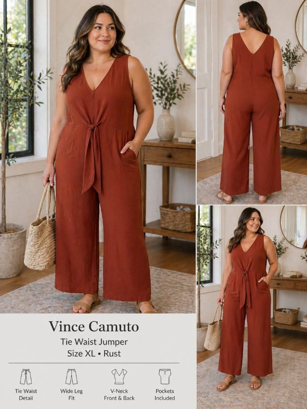 🆕Vince Camuto Rustic Tie Waist Jumpsuit XL | Wide Leg Sleeveless